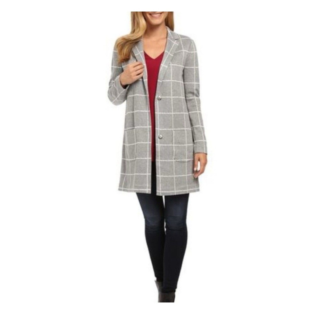 NYDJ Womens Size L Gray White Vanilla Heather‎ Windowpane Plaid Knit Blazer Coat